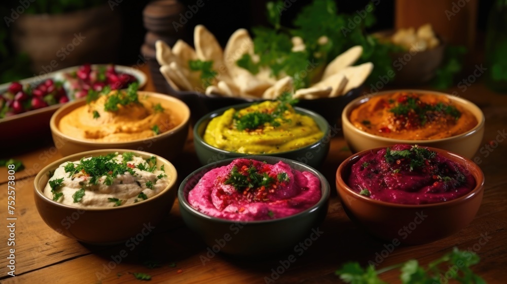 Various bowls of dips on a table, perfect for party or snack concept