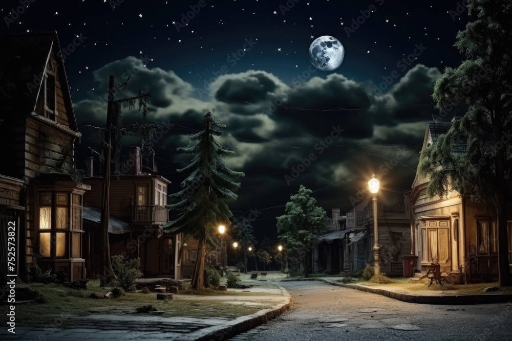 A serene night street illuminated by the full moon. Perfect for spooky or peaceful themes