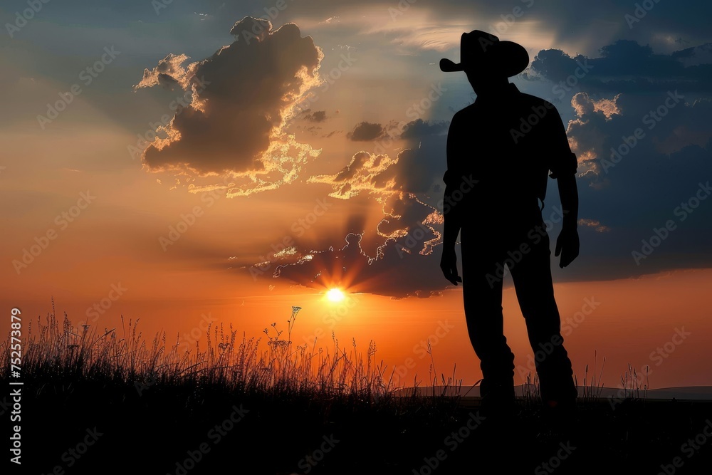 Modern cowboy silhouette at sunset in the countryside with a cowboy hat American style