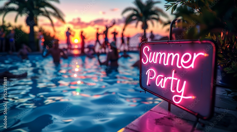 Vibrant neon Summer Party sign by a pool with people enjoying in the background during a beautiful sunset