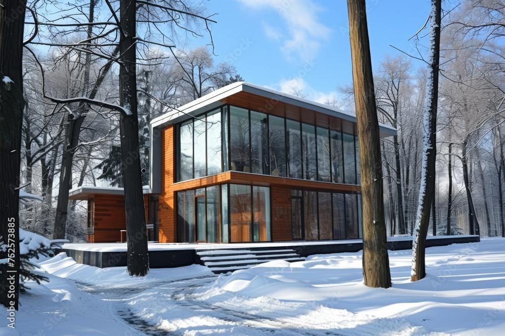 Modern eco friendly house with a blend of wood and metal featuring a panoramic entrance door and windows surrounded by snow covered trees in winter
