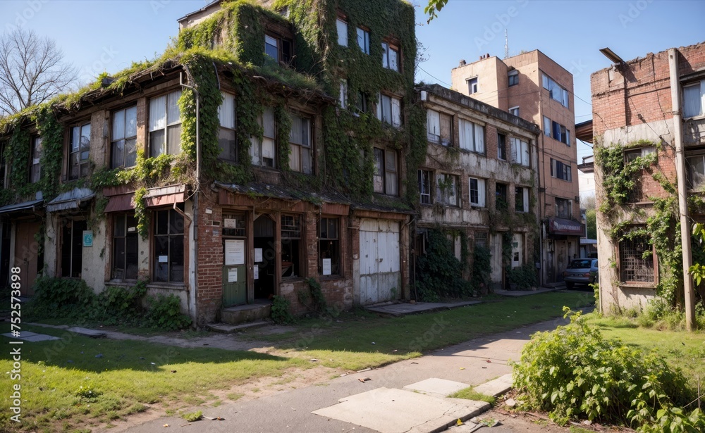 Abandoned town, vines everywhere. Destroyed buildings lots of bushes Abandoned town, vines everywhere. Destroyed buildings lots of bushes
