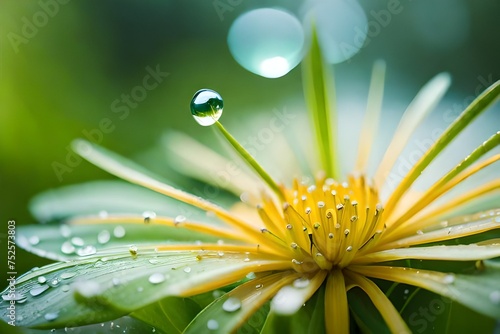 abstract natural background with a flower, sun rays, water drops, blurred background created with generative ai technology. High quality photo