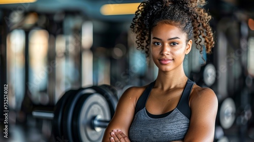 A focused, strong woman with curly hair wearing workout attire in a well-equipped gym, portraying an active lifestyle