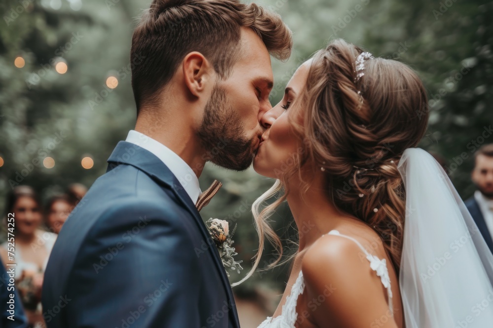Newly married couple kissing from the side Newly married couple kissing from the side