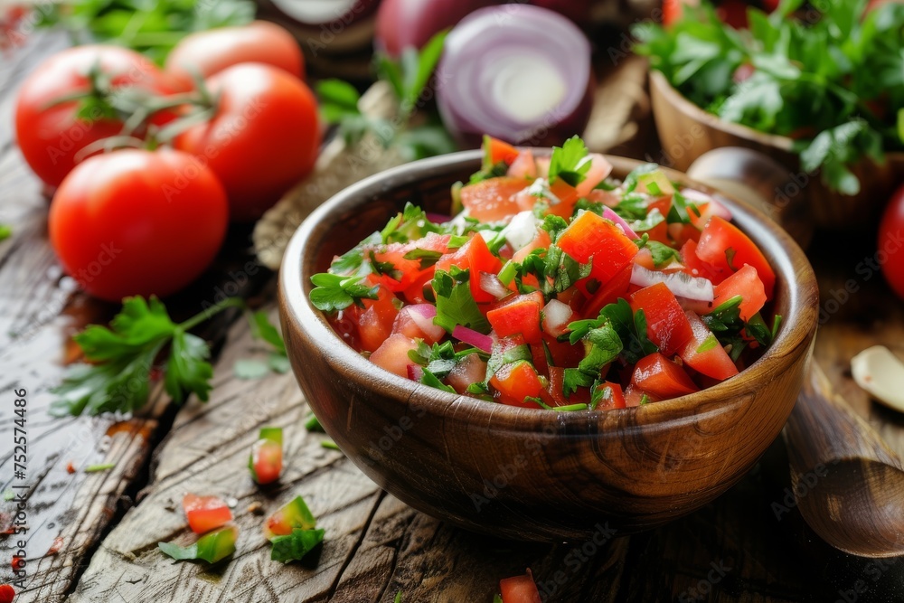 Pico de Gallo a Mexican appetizer served in a bowl with ingredients spread on table Homemade salsa sauce excellent dip for nachos Selective focus