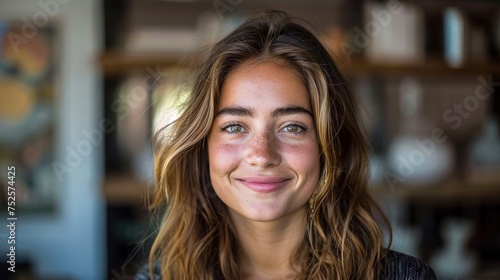 Free Download A youthful, naturally beautiful young woman with freckles smirks warmly against a blurred background - GFXLoad