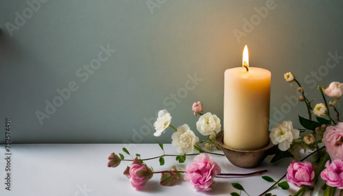 Burning candle and flowers on the table against wall, copy space, interior decor