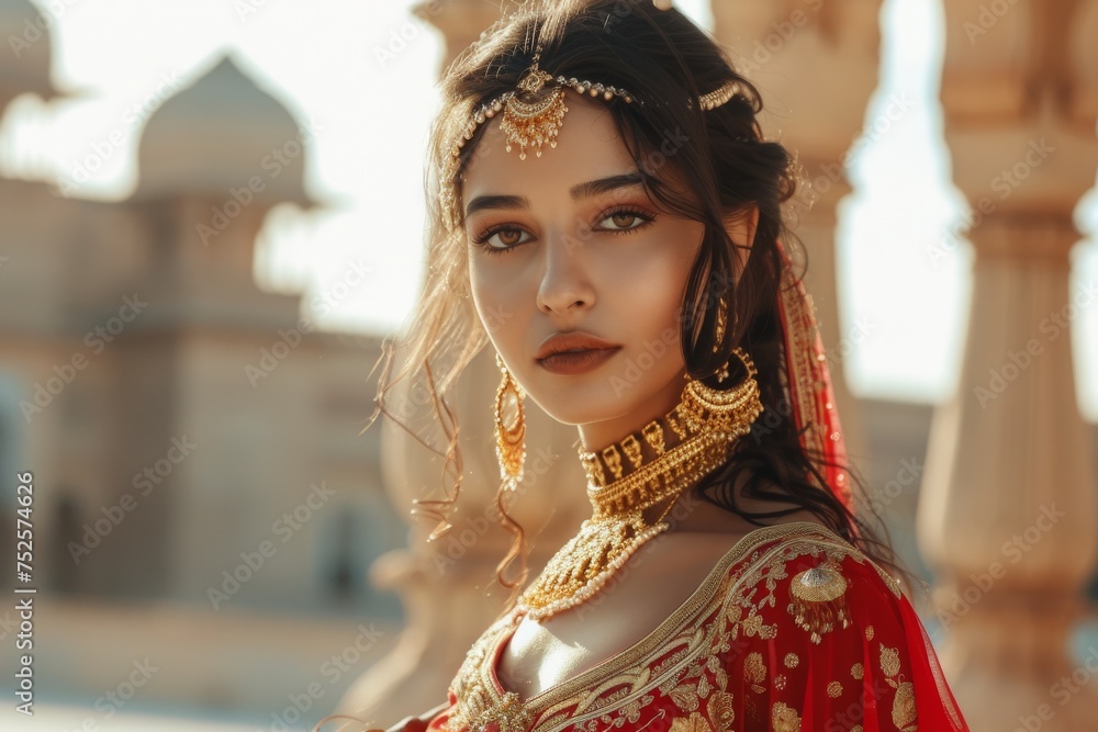 Portrait of a young pretty Indian girl outdoors dressed in traditional red attire and adorned with golden jewelry