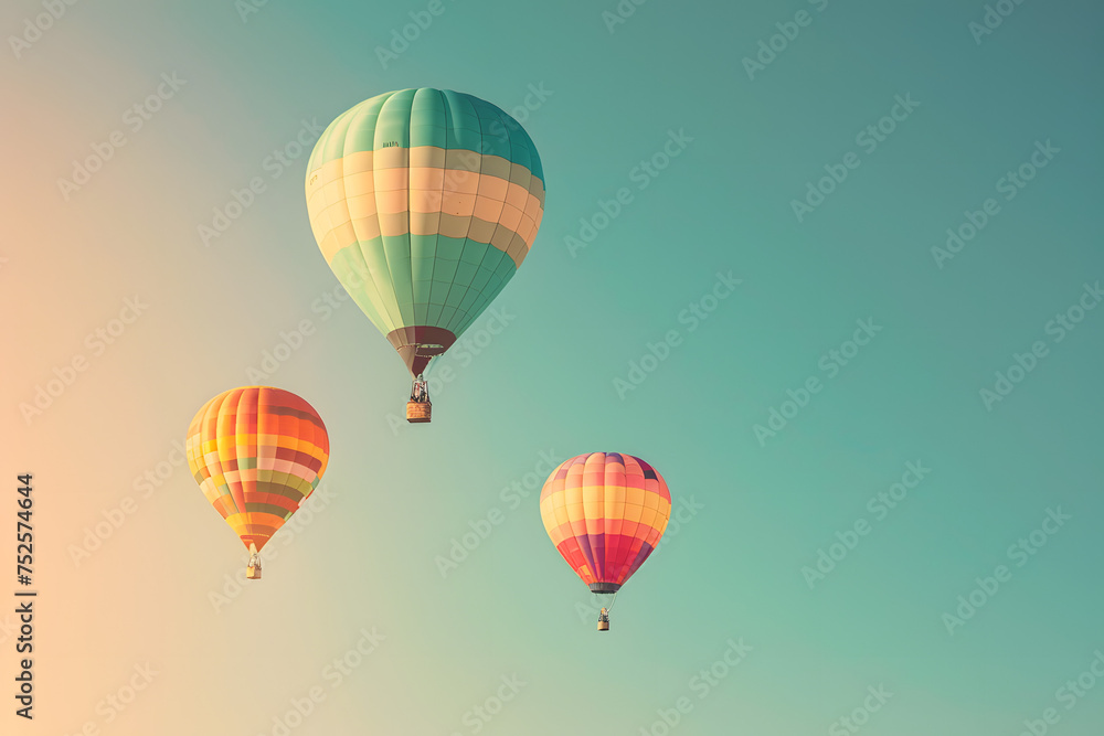 Naklejka premium colorful hot air balloons floating in a clear sky, on a dreamy pastel background, conveying freedom and adventure, with room for text 