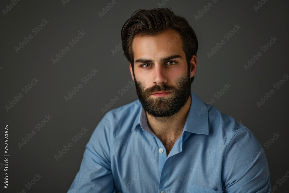Portrait of confident European businessman with beard and dark hair in blue shirt looking at camera Shot in studio on dark gray background