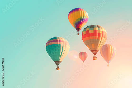 colorful hot air balloons floating in a clear sky  on a dreamy pastel background  conveying freedom and adventure  with room for text 