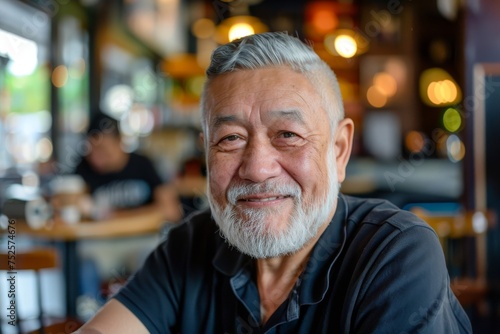 Portrait of content older man with white beard smiling at camera Relaxed lifestyle of retired Hispanic or Asian adult male in trendy coffee shop
