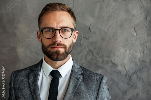 Portrait of stylish businessman on gray background with copy space