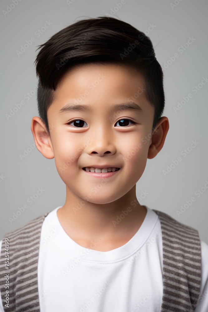 Happy Asian boy smiles at the camera against a white background Happy Asian boy smiles at the camera against a white background