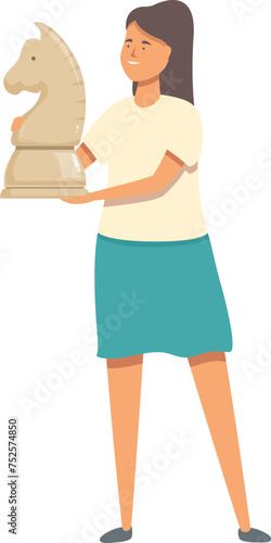 Girl take piece of chess horse icon cartoon vector. Play strategy game. Brain thinking