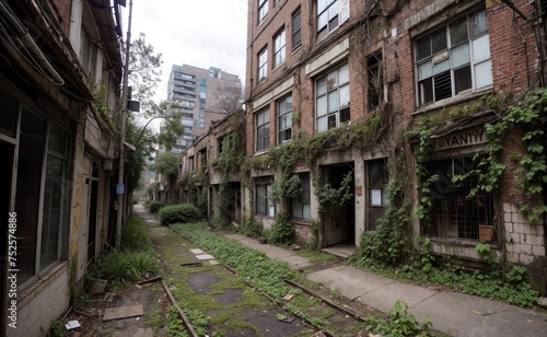 Abandoned town, vines everywhere. Destroyed buildings lots of bushes