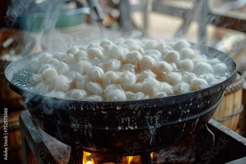 Traditional Thai silk production involves boiling silkworm cocoons