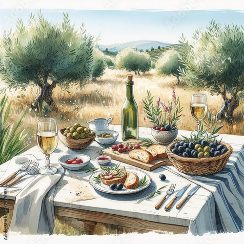 Olive tree, olives vegetables, oil bottle, rural house, green field. Watercolor for beautiful summer landscape of France or Italy for food or travel illustration.