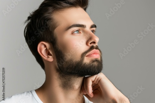 Young handsome man with perfect smooth skin touching his beard in a serious manner photographed against a grey background