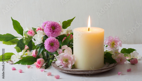 Burning candle and flowers on the table against wall  copy space  interior decor