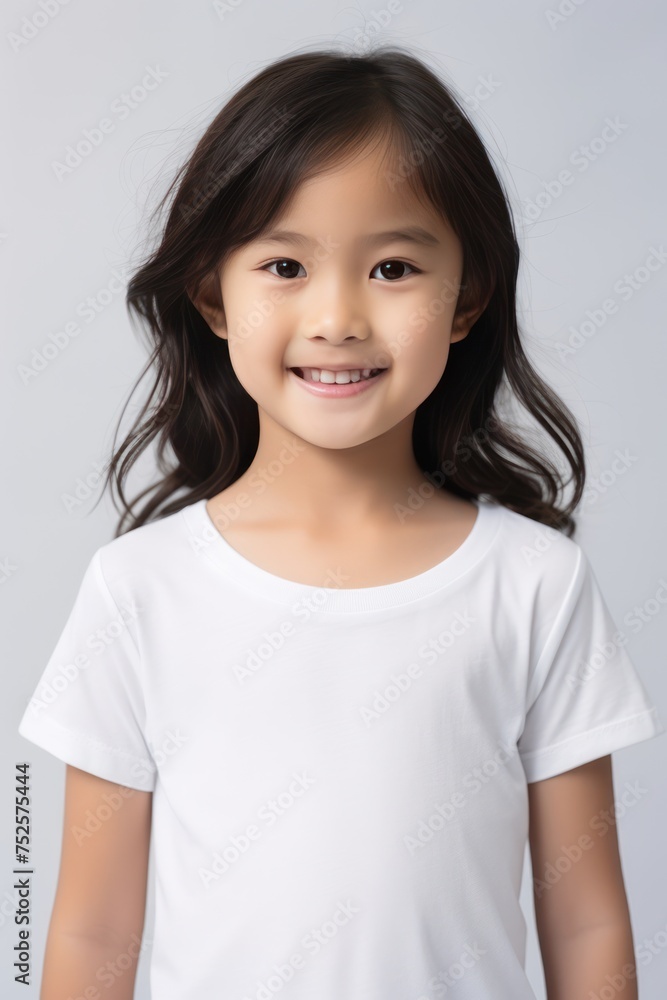 Portrait of a little Asian girl smiling at the camera in a white t shirt on a white background Portrait of a little Asian girl smiling at the camera in a white t shirt on a white background