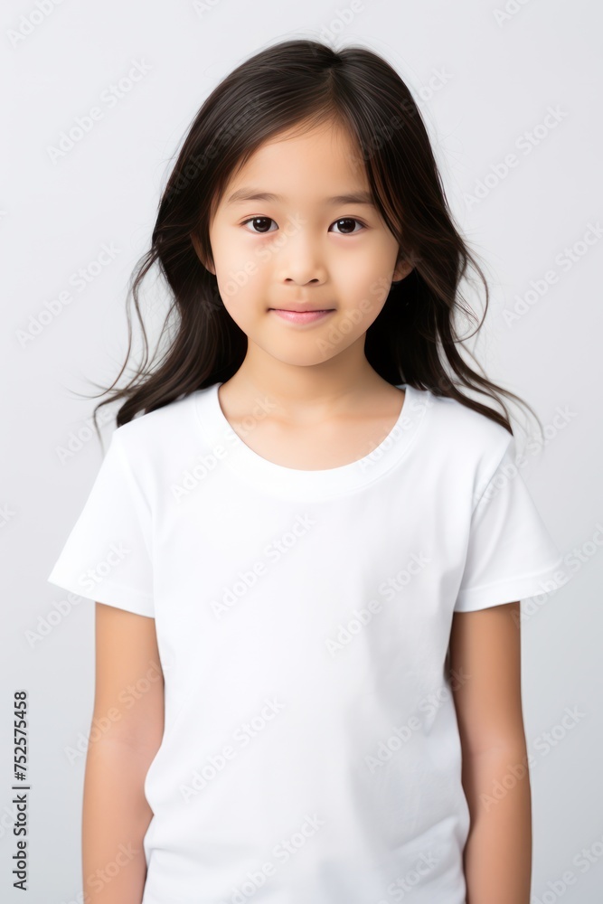 Portrait of a cute little Asian girl smiling for the camera in a white t shirt on a white background Portrait of a cute little Asian girl smiling for the camera in a white t shirt on a white background