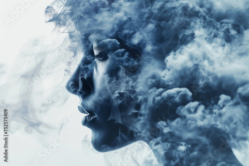 Double exposure abstract background of woman face and smokes. Mental health, depression, stress, overwork, anxiety issues concept