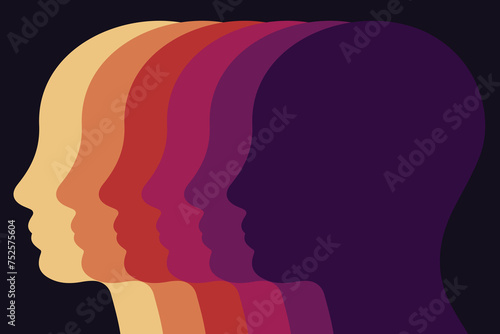 Silhouettes of human Faces Illustrations, Man avatar profile view., Mental health concept 