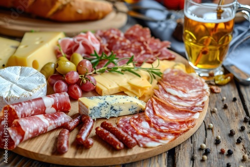 Cures meat platter with cheese and spicy olives served as traditional Spanish tapas on a wooden board. Selection of ham, salami and goat cheese
