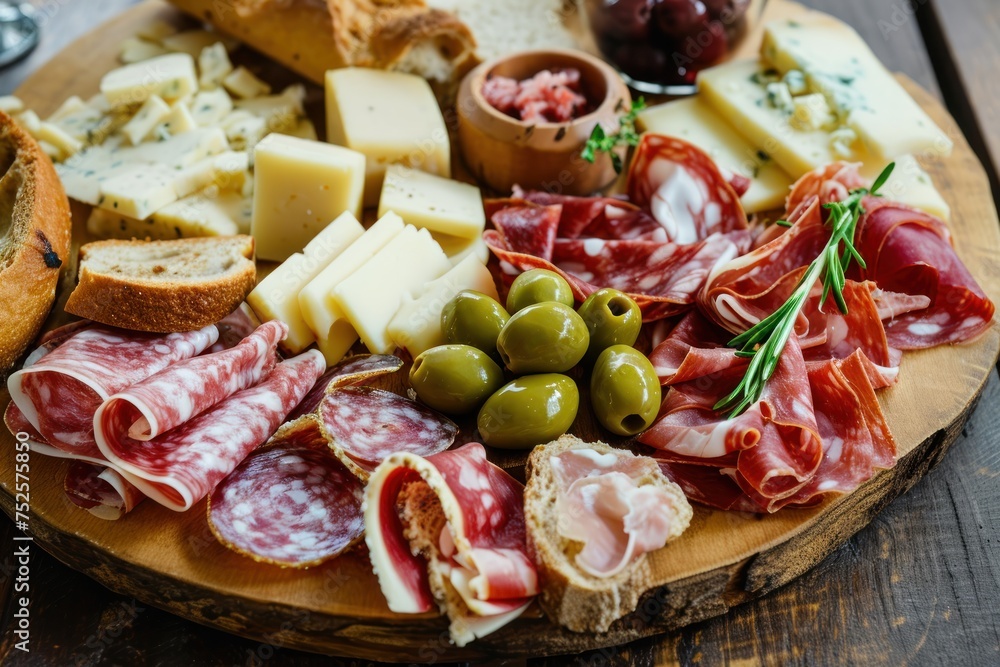 Antipasto platter with salami, bacon, meat, cheese and olives . Cold Cut with Copy Space. Food Concept with copy space.