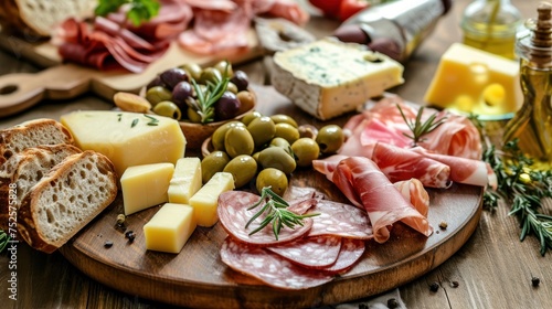 Antipasto platter with salami, bacon, meat, cheese and olives . Cold Cut with Copy Space. Food Concept with copy space.