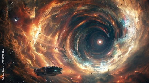 A mesmerizing black hole swirling in the cosmos with a spaceship observing from afar