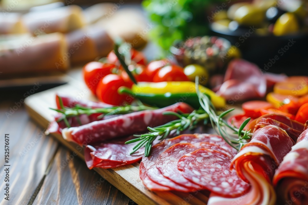 Assortment of Cold cuts. meat platter. Assortment of cheese, ham, meat, bacon, tomatoes,  salami and olives on wooden table . Cold Cut with Copy Space. Food Concept with copy space
