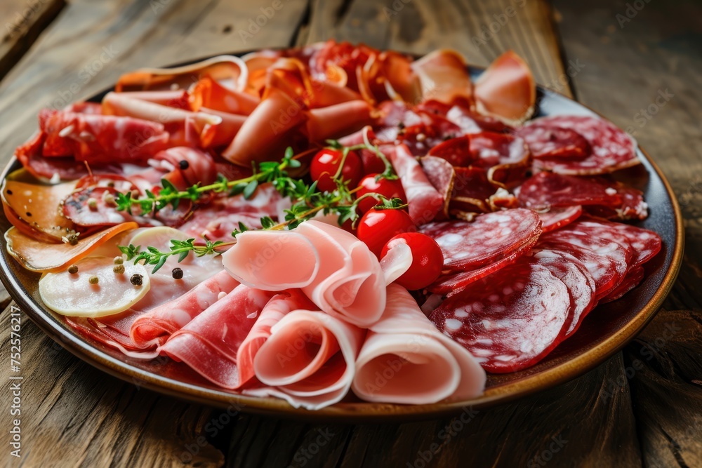 Meat platter with salami, jamon, prosciutto crudo or jamon and vegetables . Cold Cut with Copy Space. Food Concept with copy space.