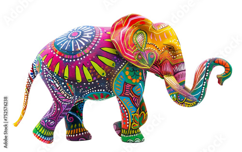 Colorful Elephant Bedecked in Holi Patterns Isolated on Transparent Background PNG. © Sajid