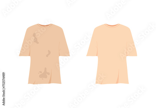 Dirty and clean garment. Untidy t-shirt with stains and cleanly washed tshirt. Clothes before and after dry cleaning. Fresh cotton clothes. Flat vector illustration isolated on white background.