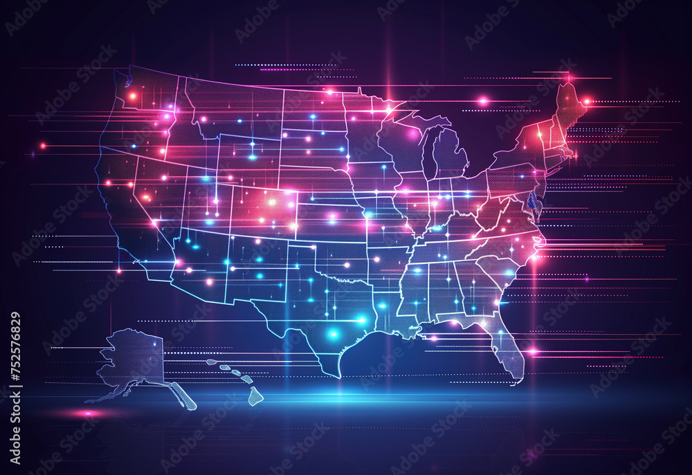 Abstract digital map of America, concept of America global network and connectivity, information exchange and telecommunication .