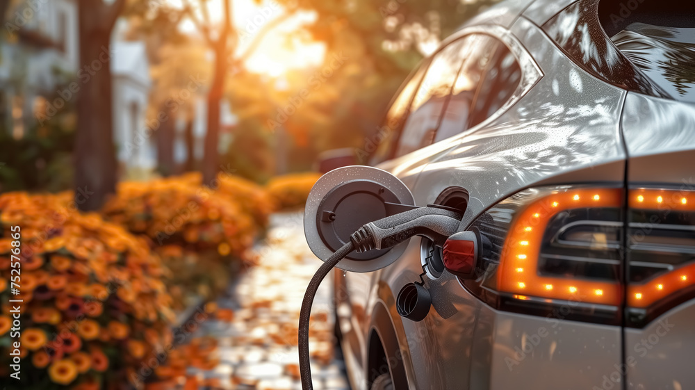 Close-up of electric car charging port, eco friendly and alternative energy and transportation concept, street, evening time, waiting for car to be charged Close-up of electric car charging port, eco friendly and alternative energy and transportation concept, street, evening time, waiting for car to be charged