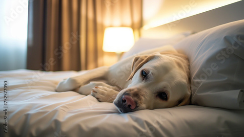 Cachorro labrador fofo deitado na cama de um hotel - Papel de parede