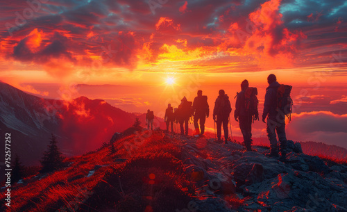 Group of tourists is walking in the mountains at sunset.