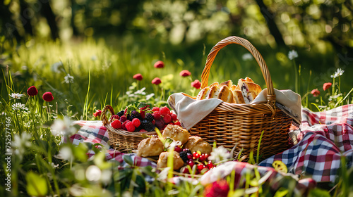 Sunlit Picnic Scene with Fresh Berries and Bread on a Checkered Blanket Amidst Greenery