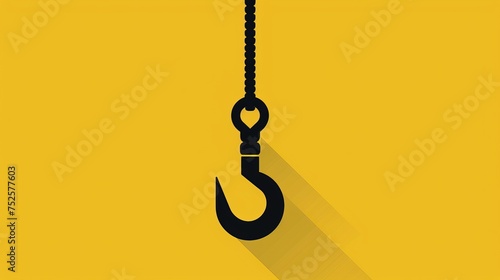 A black icon on a yellow background depicts a lifting hook with a rope, symbolizing the capability to lift large loads. This industrial steel hook represents a tower crane photo