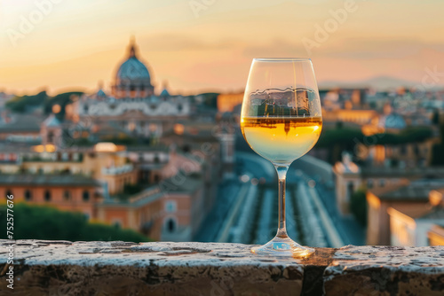 A glass of white wine with rome city in the background
