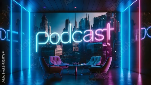 Podcast room with views of the city and neon podcast sign, Generative Ai.