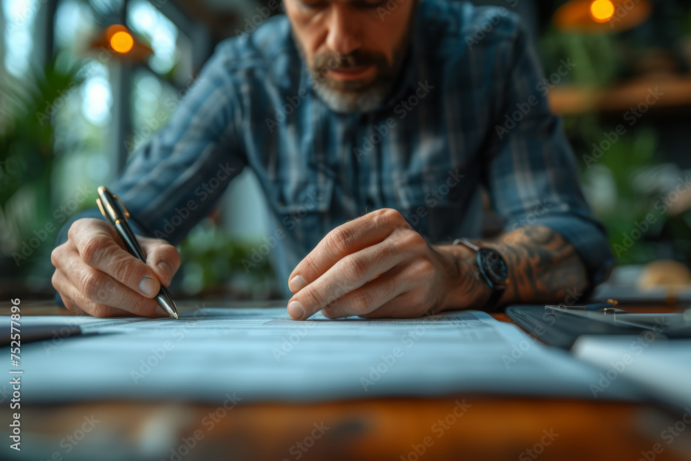 A determined entrepreneur signing a contract, marking the realization of business expansion plans. Concept of business development and growth. Generative Ai. A determined entrepreneur signing a contract, marking the realization of business expansion plans. Concept of business development and growth. Generative Ai.