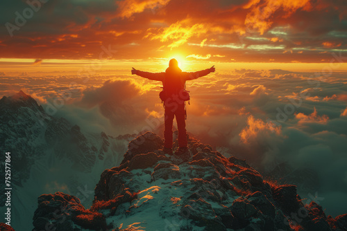 An individual triumphantly reaching the summit of a mountain, symbolizing the achievement of personal goals. Concept of personal growth and success. Generative Ai.