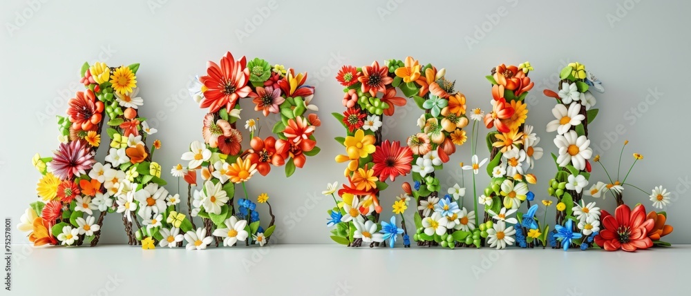 APRIL a flower shaped word is drawn on a white background Generative AI