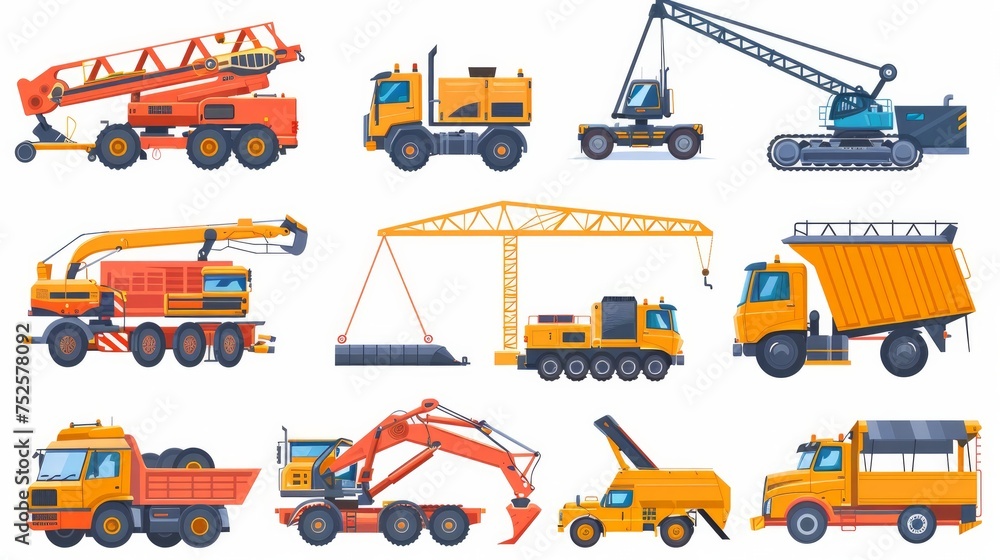 Construction cranes in a flat style, including trucks, crawler tractors