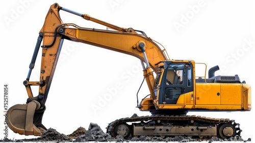 A crawler excavator is shown isolated on a white background, featuring a close-up of the powerful machine with its extended bucket. This construction equipment is commonly used for earthworks photo
